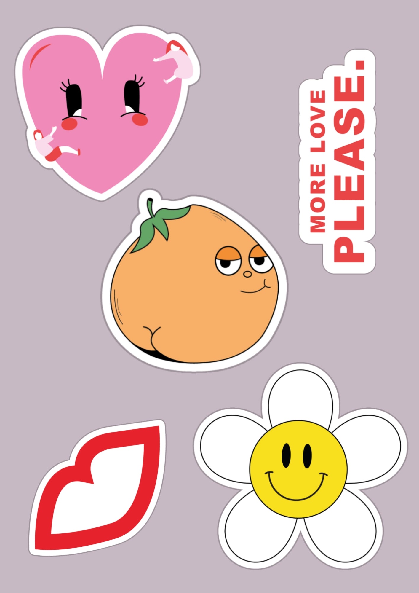 Cinq stickers sur fond neutre. En haut à gauche un coeur rose avec des yeux et des bonhommes accrochés à lui. À droite un stickers avec la phrase "more love please" écrite en rouge. Au milieu un stickers d'une prune orange avec des fesses et des yeux. En bas à gauche une bouche rouge. Et en bas à droite une fleur blanche et jaune avec en son centre un smiley.
