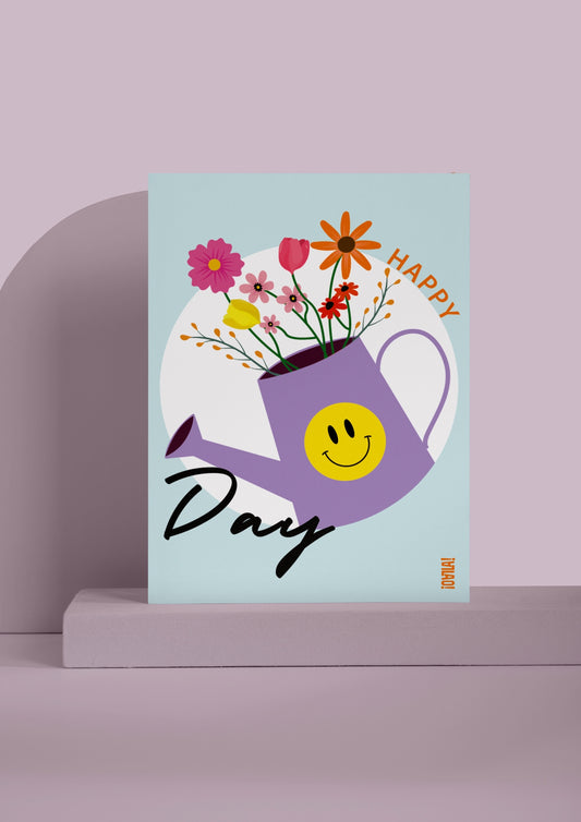 Carte avec fond bleu, un cercle blanc au centre, un arrosoir violet avec un smiley jaune dessus. Un bouquet de fleur sort de l'arrosoir. 