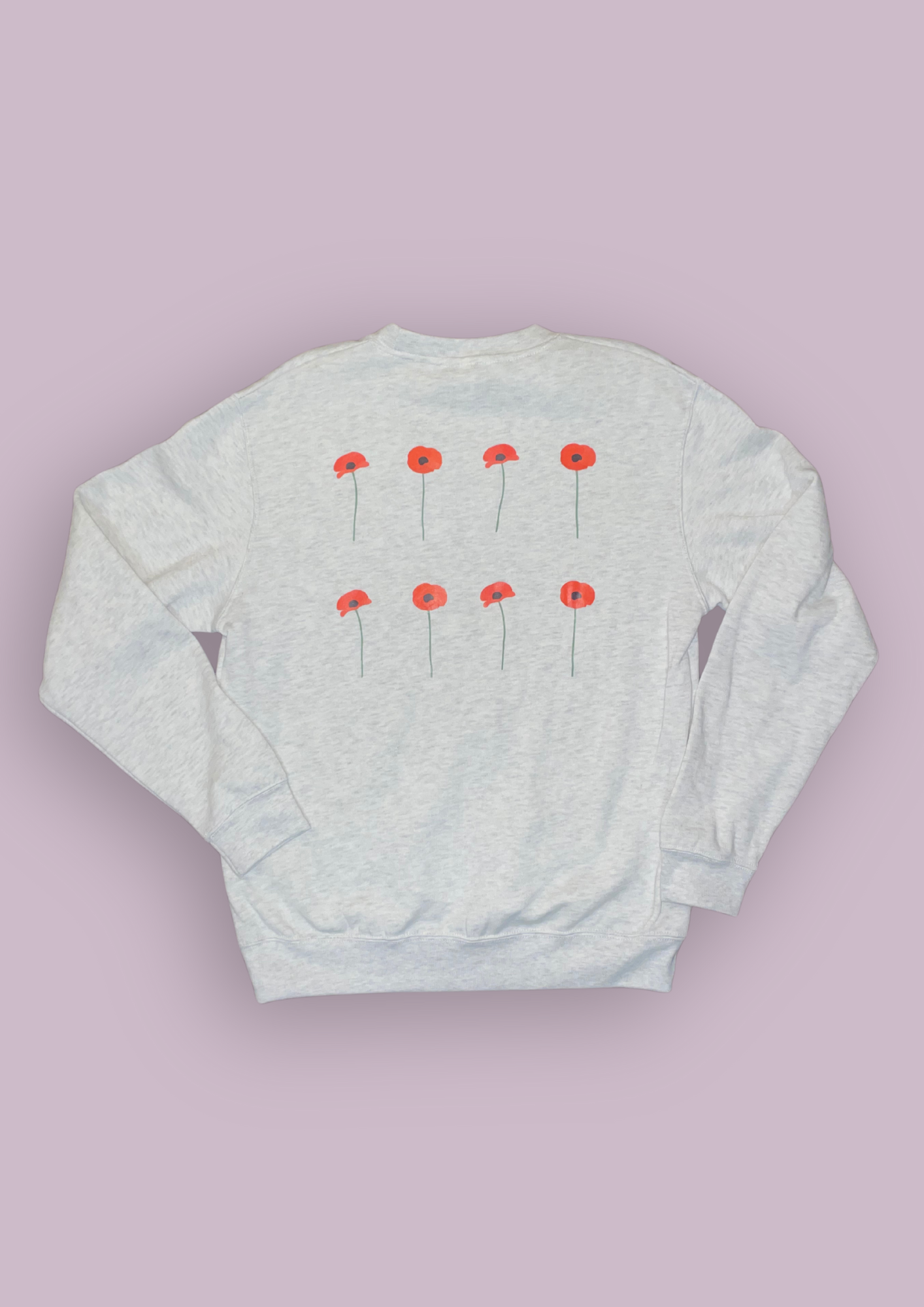 Photo produit d'un sweat gris de dos avec pour design 8 coquelicots rouges. 
