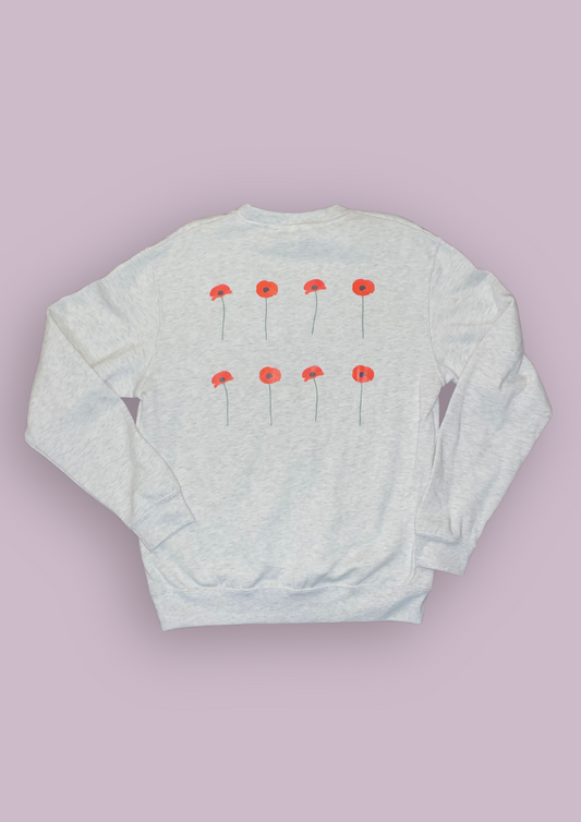 Photo produit d'un sweat gris de dos avec pour design 8 coquelicots rouges. 