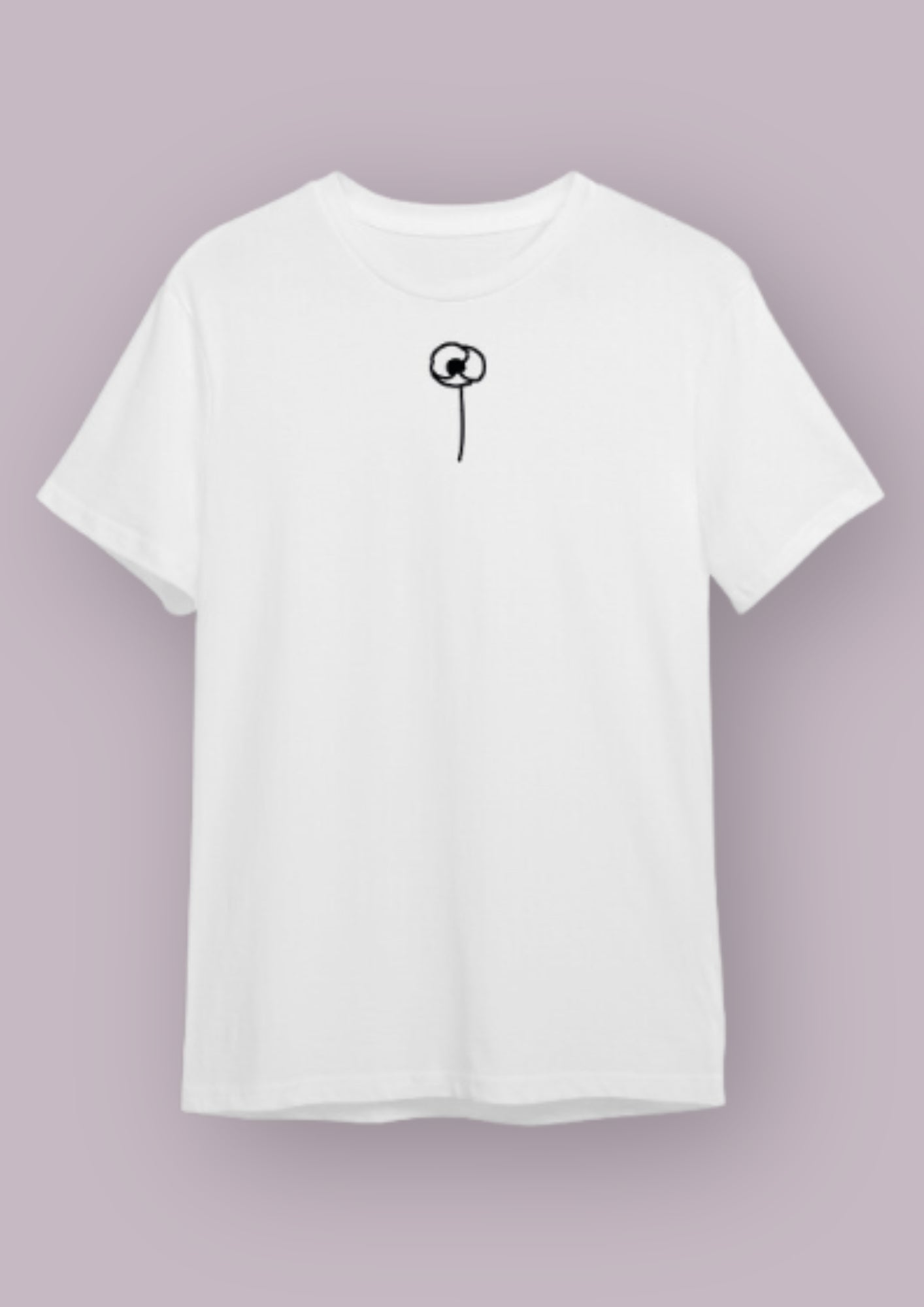 Photo produit d'un t-shirt blanc avec un coquelicot noir au centre de la poitrine. 